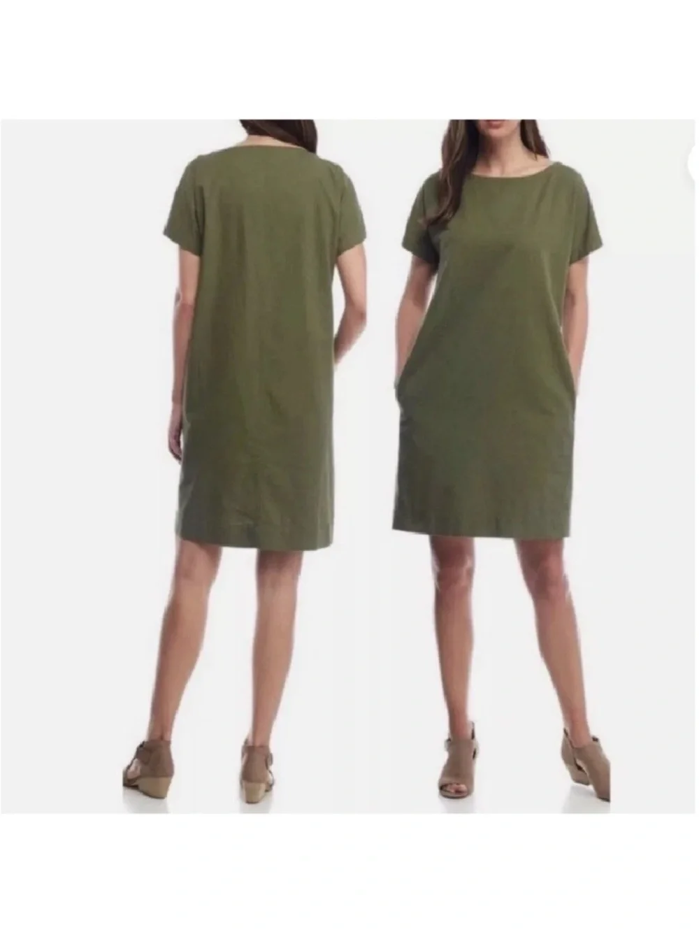 Eileen Fisher Organic Cotton Olive Green Sheath Shift Dress $245